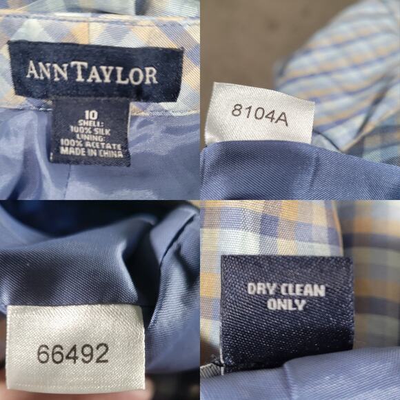 Ann Taylor 100% Silk Dress Pants Sz 10 Blue Gold Plaid Sateen Flat Front Lined - Picture 3 of 9